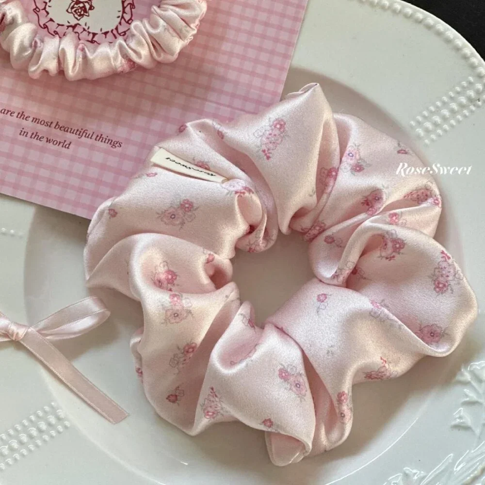 Cute Pink Floral Satin Scrunchie Soft Silk Hair Tie Aesthetic Hair Accessory 4.7